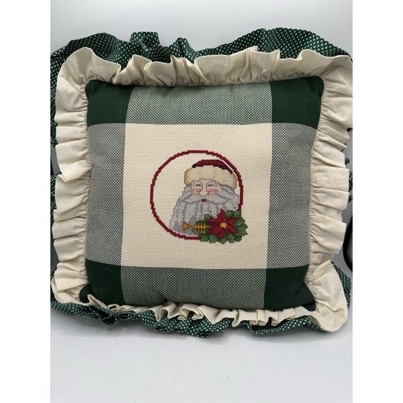 Vintage Handmade Christmas Pillow Ruffled Edge Cross Stitch Santa Claus - Picture 1 of 3